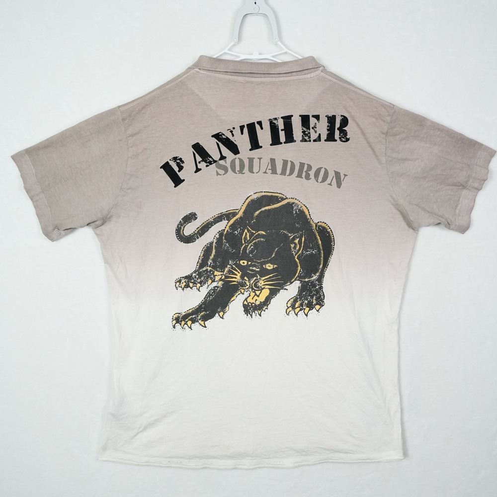 Ed Hardy Mens XXL Panther Squadron Ombre‎ Polo Shirt Tan White Tattoo Graphic